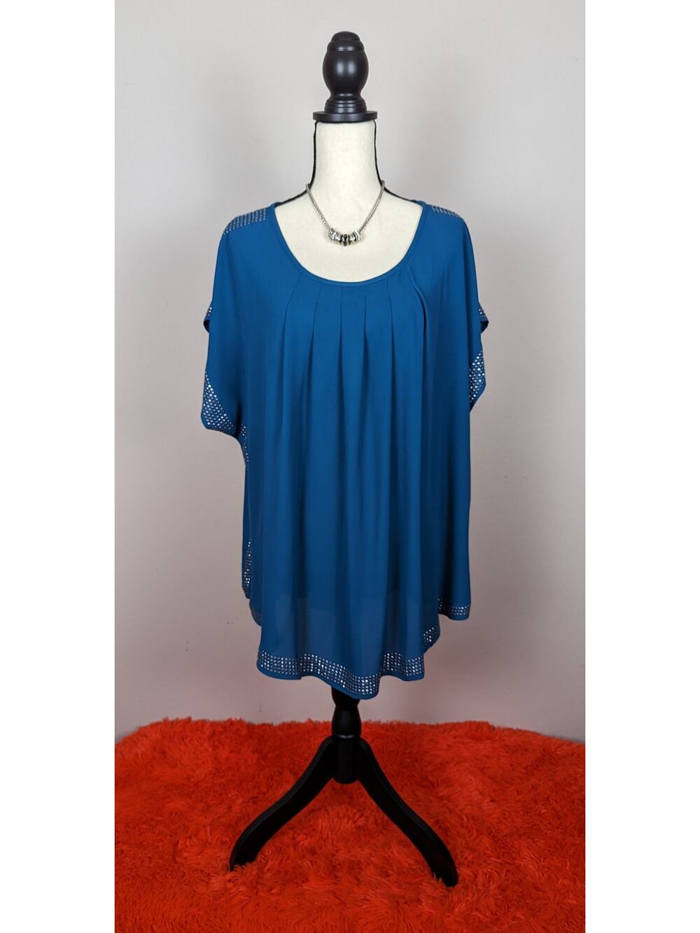 Joseph Ribkoff Lagoon Blue Studded Round Neck Short Sleeve Pleated Blouse 16